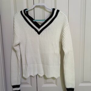 V-Neck Off Shoulder White and Black Women's Sweater